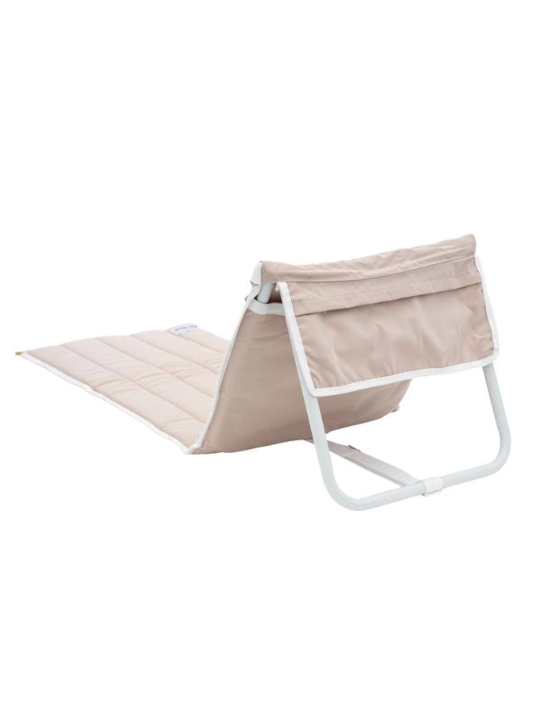 Side view of the House of Dune Sand Drift beach lounger, showing the folding aluminium frame and backrest pocket.