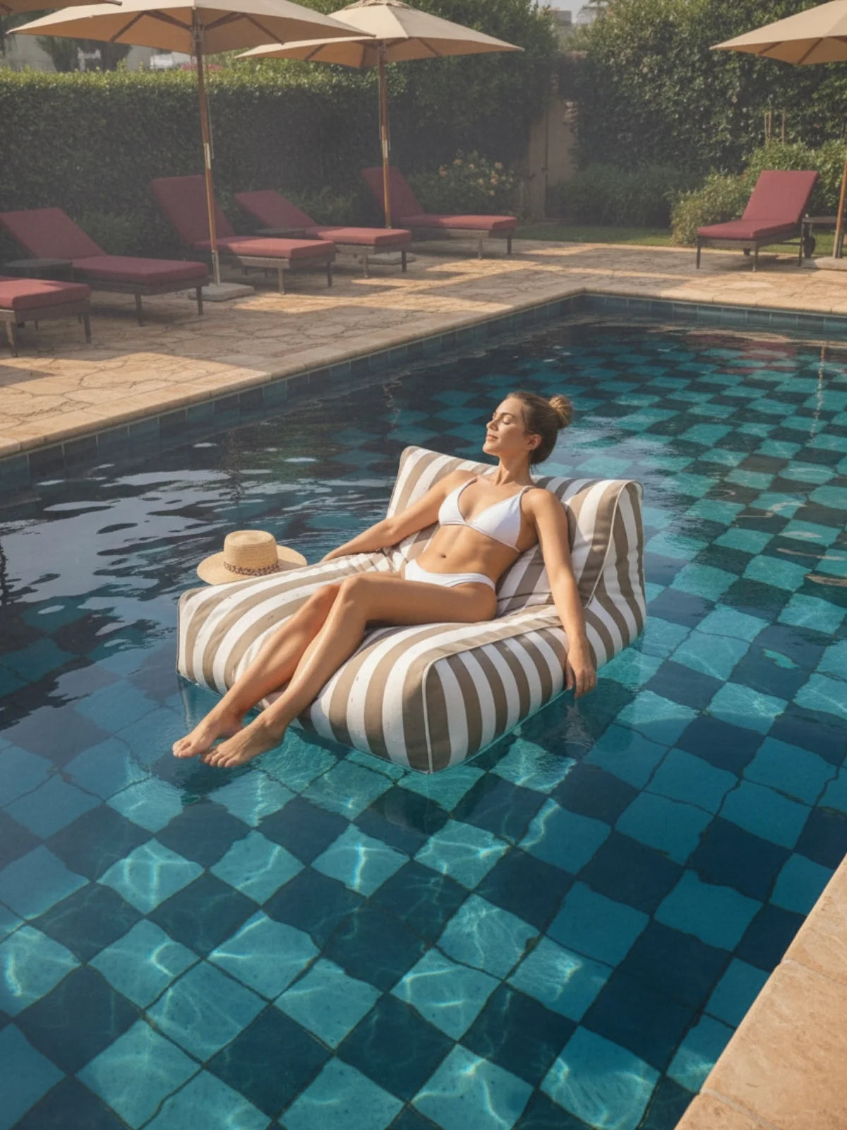 Woman sunbathing on the House of Dune Sand Drift Floating Lounger in a modern tiled pool, styled with natural tones and effortless resort-inspired comfort.