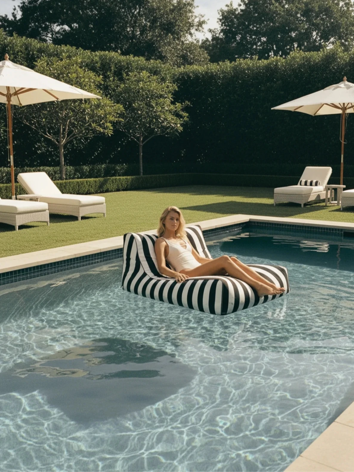 Woman relaxing on the House of Dune Orca Stripe Floating Lounger floating on a clear blue pool, capturing the perfect summer leisure moment.