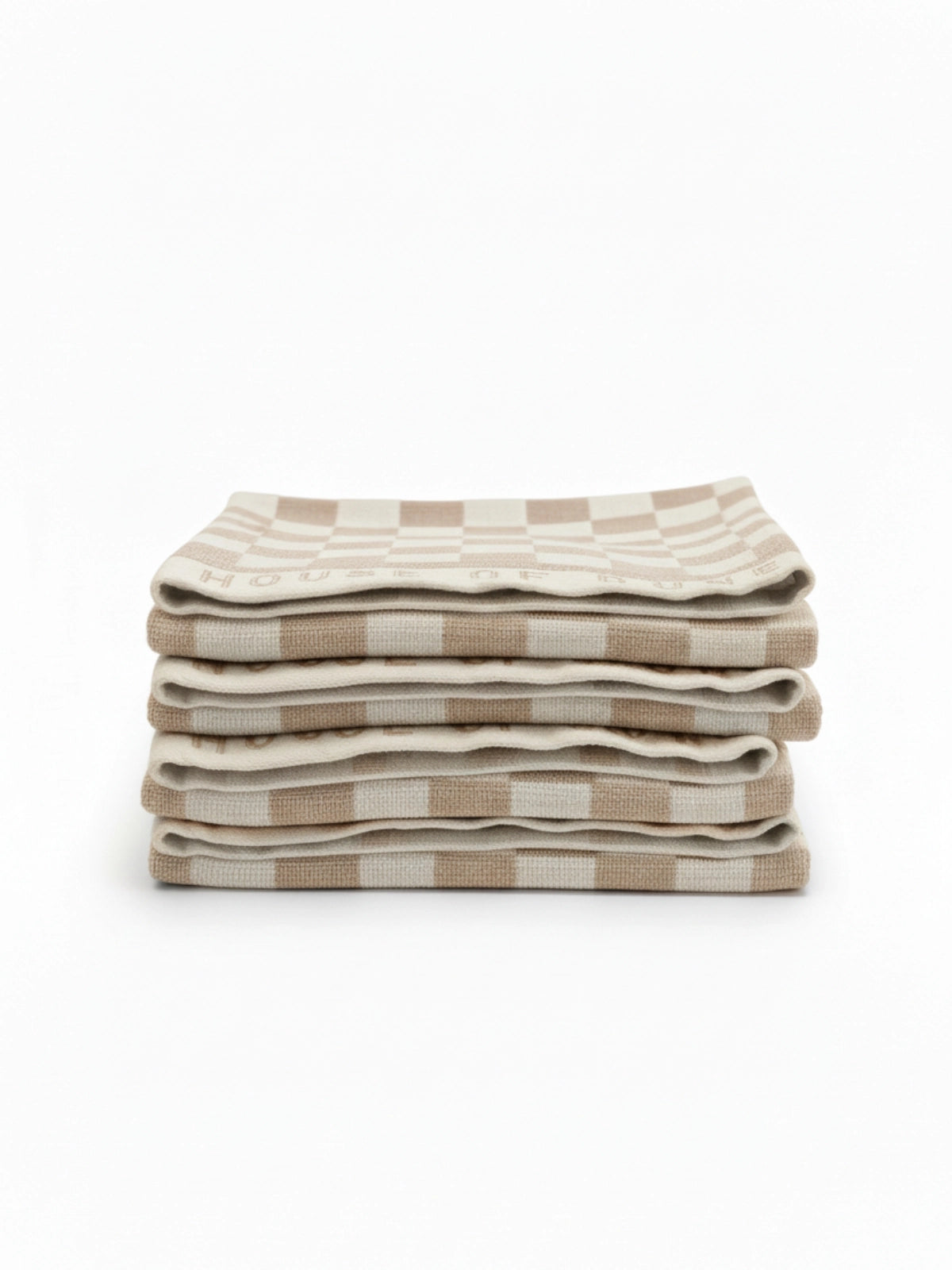 Stack of four House of Dune Sand Drift beach towels featuring a soft beige and white check pattern, folded for a refined coastal look.