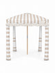 House of Dune Sand Drift beach cabana, front view on white: sand and white striped canopy, off-white fringe, striped fabric legs and a wooden centre pole.