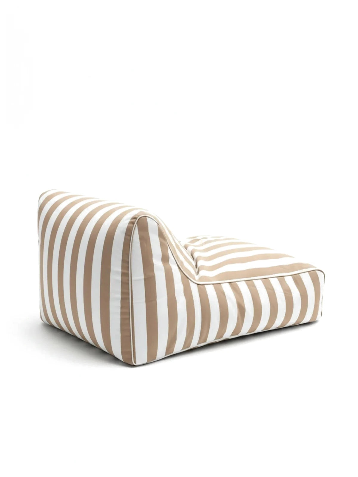 Back angle of the House of Dune Sand Drift Floating Lounger showing the elegant sand and white vertical stripes and ergonomic design for poolside lounging.