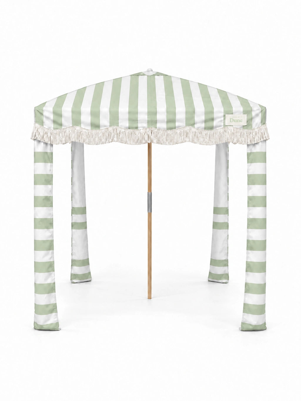 House of Dune Salted Sage beach cabana, front view on white: sage and white striped canopy, off-white fringe, upright striped fabric legs and a wooden centre pole.