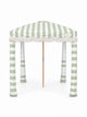 House of Dune Salted Sage beach cabana, front view on white: sage and white striped canopy, off-white fringe, upright striped fabric legs and a wooden centre pole.