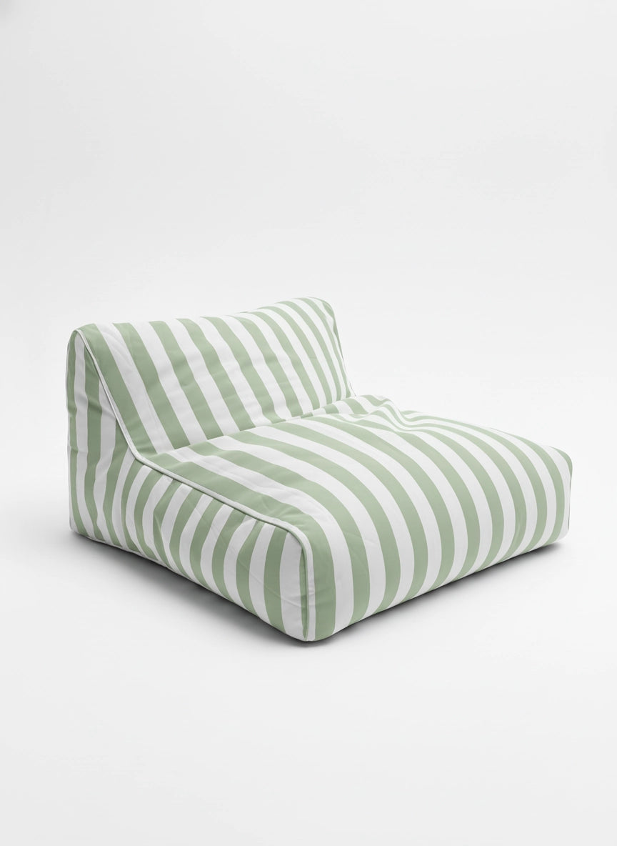 Salted Sage floating bean bag lounger in soft green and white stripes, designed for modern outdoor relaxation with a coastal, resort-style aesthetic.