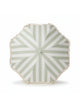 Top-down view of the Salted Sage beach umbrella by House of Dune, featuring soft green and cream stripes with fringe trim.