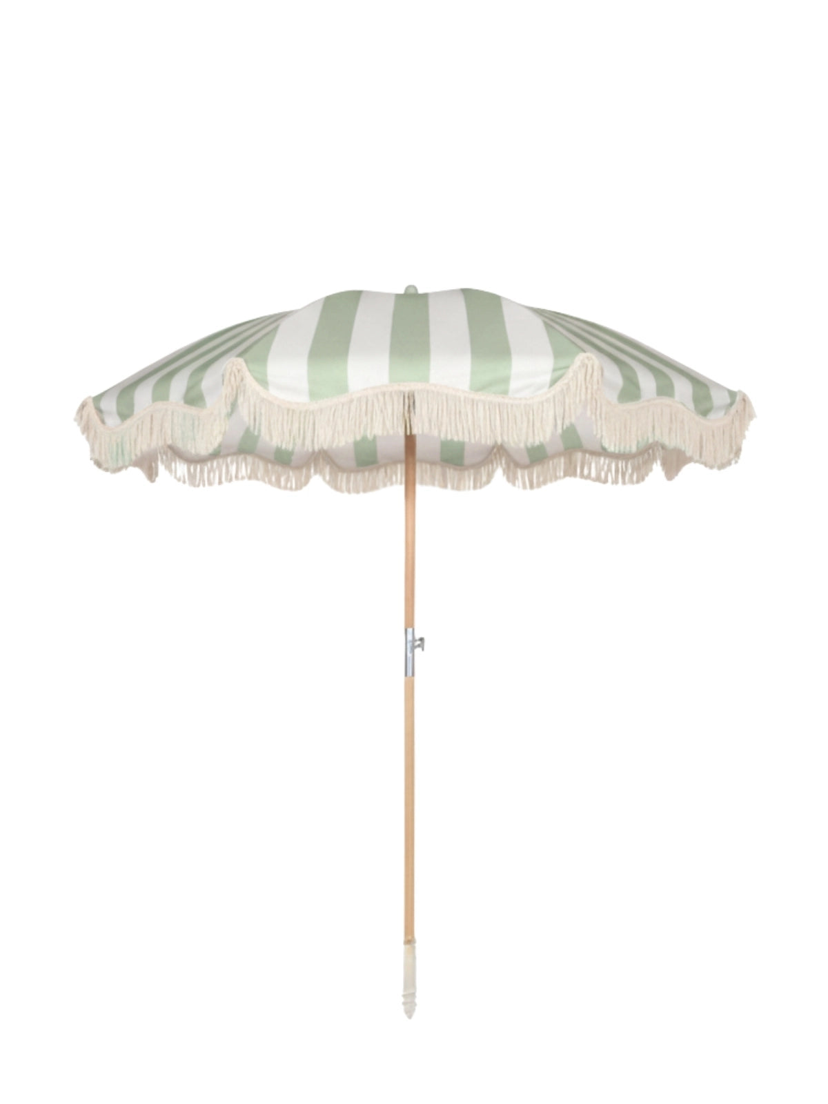 Upright Salted Sage striped beach umbrella with wooden pole and tassel fringe, designed by House of Dune.