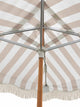 Underside of the House of Dune Sand Drift cabana roof: aluminium arms run from the hub on the wooden pole to each corner of the striped canopy.