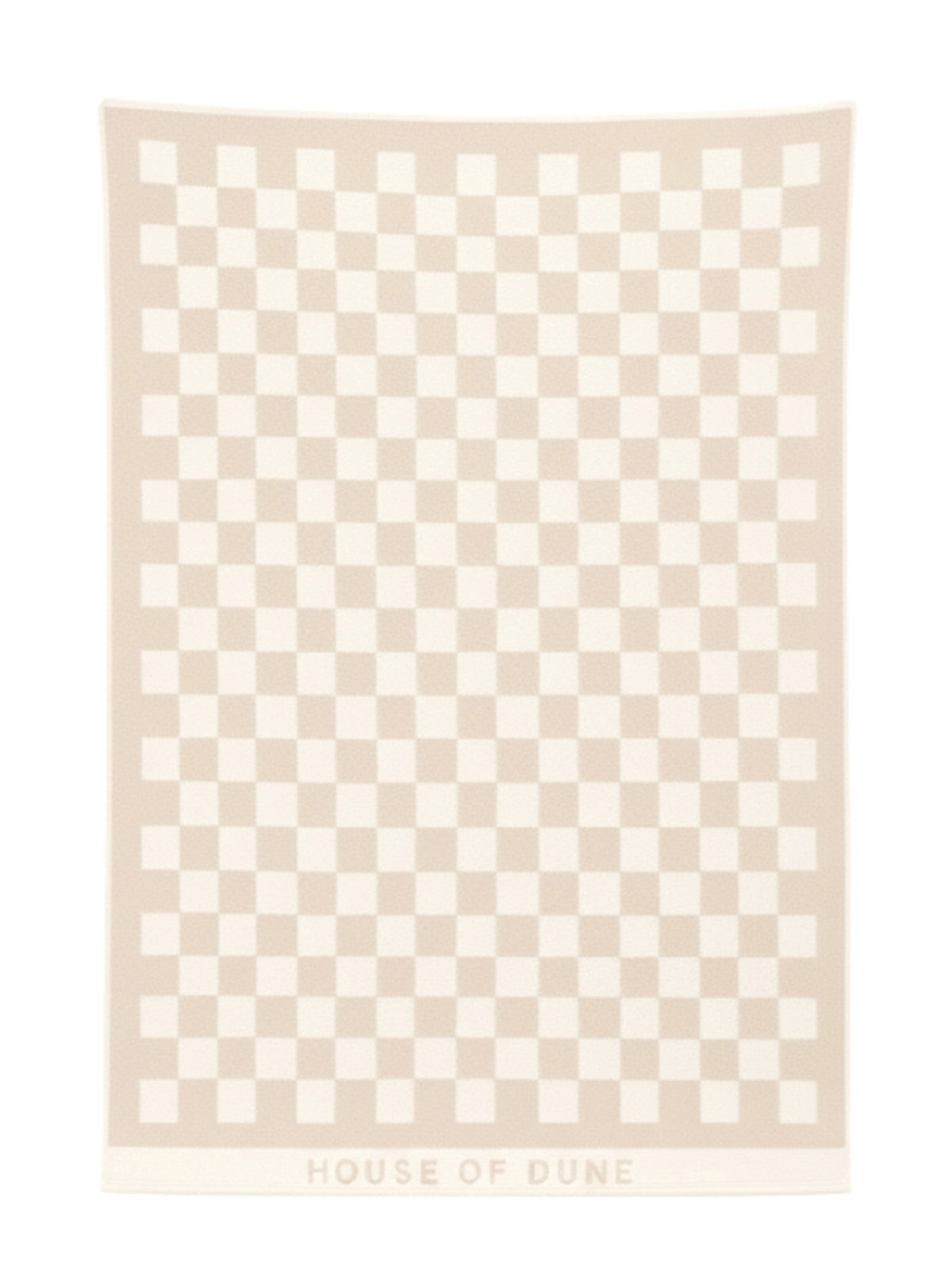 Full view of the Sand Drift checkerboard towel from House of Dune laid flat, showing its warm beige and cream design.