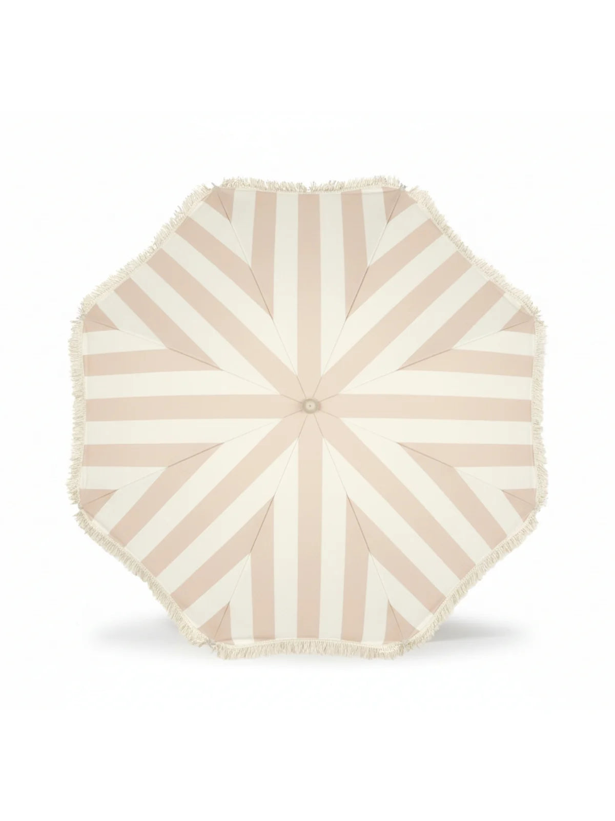 Top-down view of the Sand Drift beach umbrella by House of Dune, featuring soft beige and cream stripes with fringe trim.
