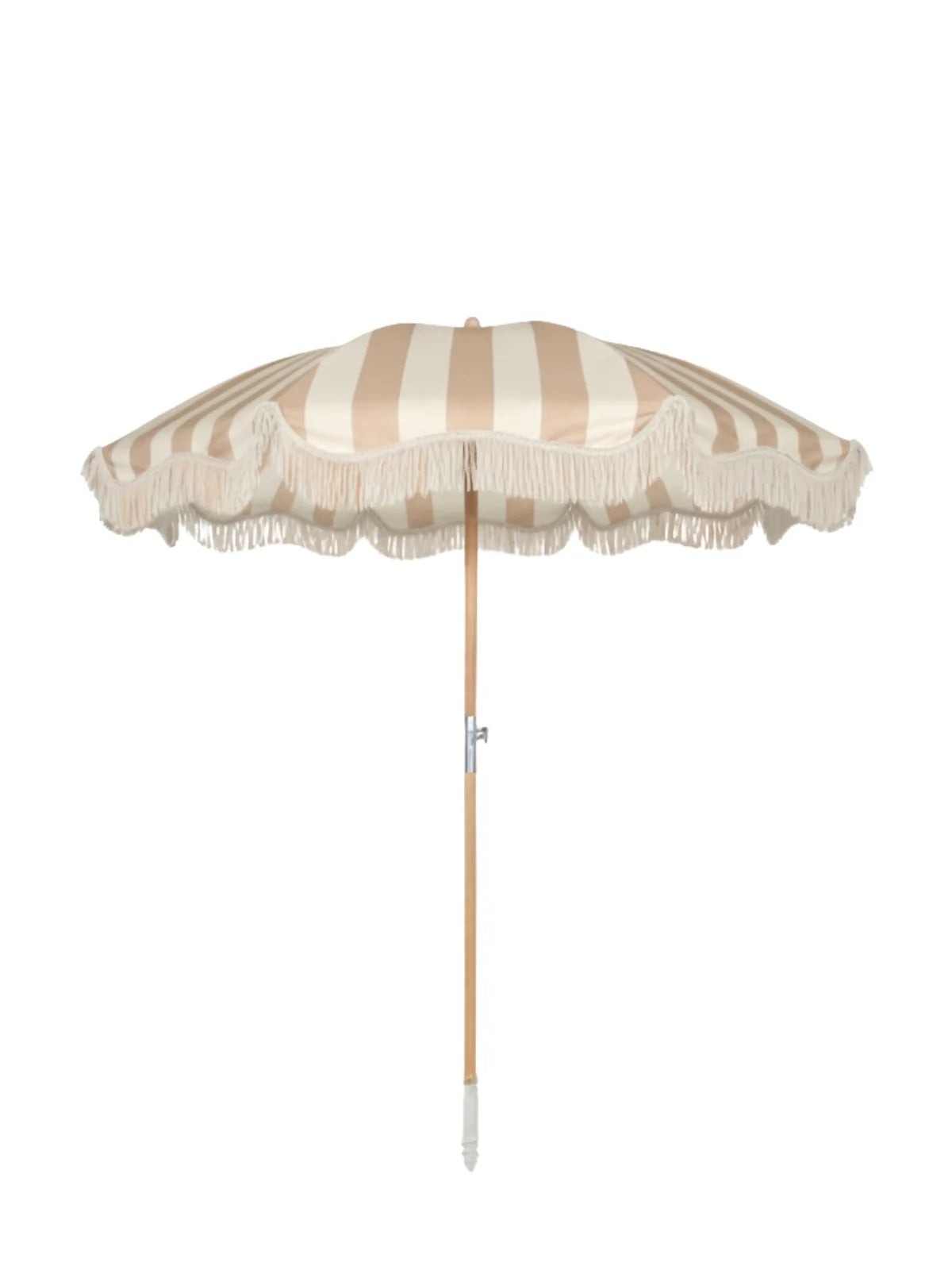 Upright Sand Drift beach umbrella from House of Dune with neutral beige and cream stripes, wooden pole, and fringe edging.