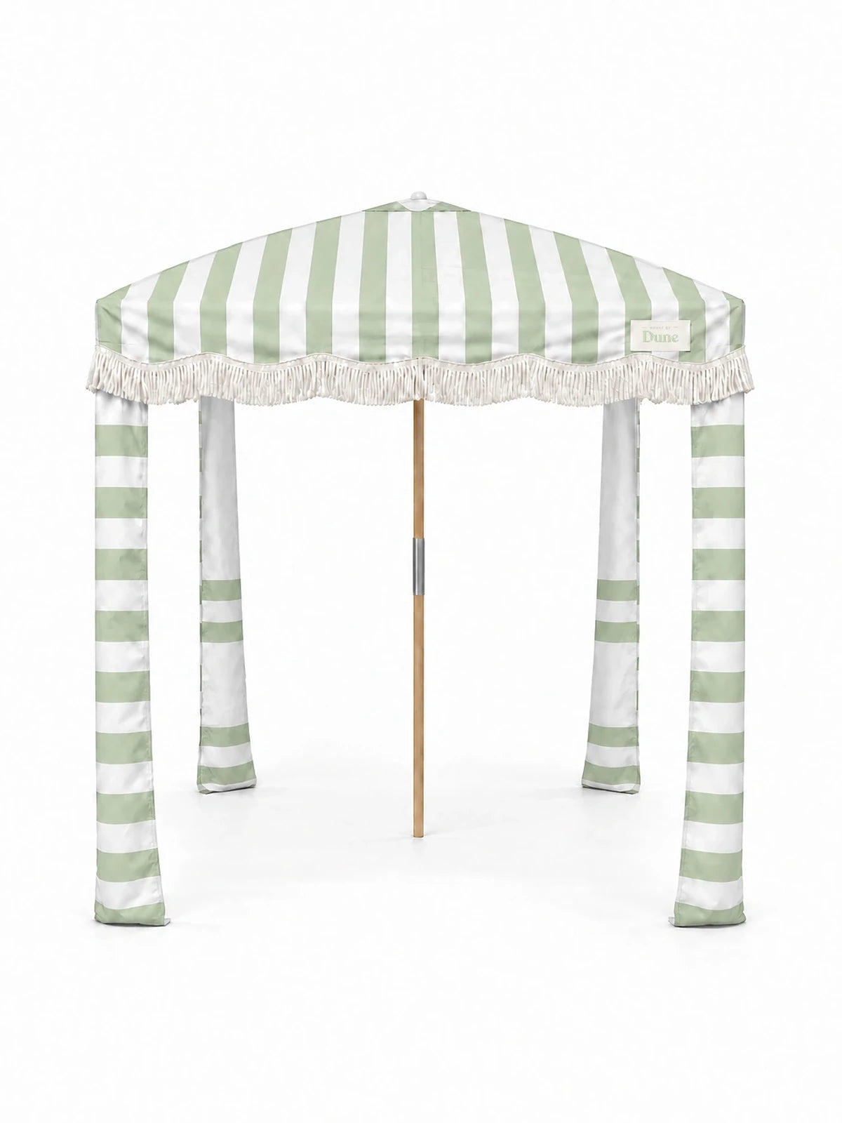 House of Dune Salted Sage beach cabana, front view on white: sage and white striped canopy, off-white fringe, upright striped fabric legs and a wooden centre pole.